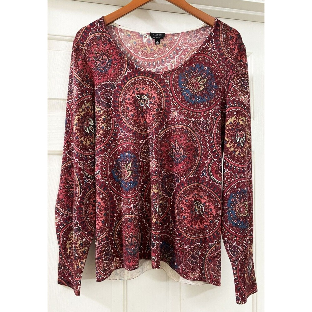 Talbots Women's Merino Wool Floral Paisley Lightweight Long Sleeve Sweater LARGE
